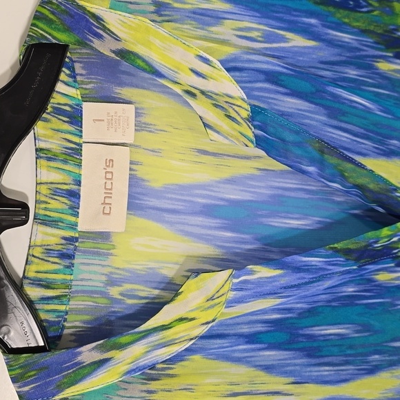 {Chico's} Multicolor Ikat Abstract Print Button-Down Tunic Blouse - Picture 11 of 12